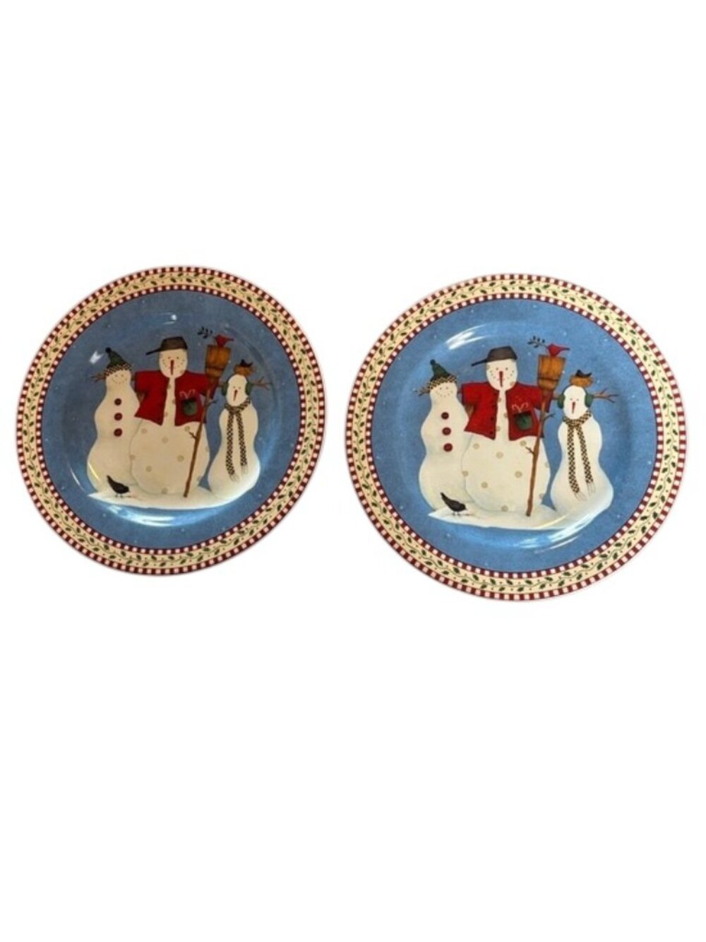 Sakura Debbie Mumm Snowman 1998 Stoneware Plates Set of 2 Christmas 8.25”